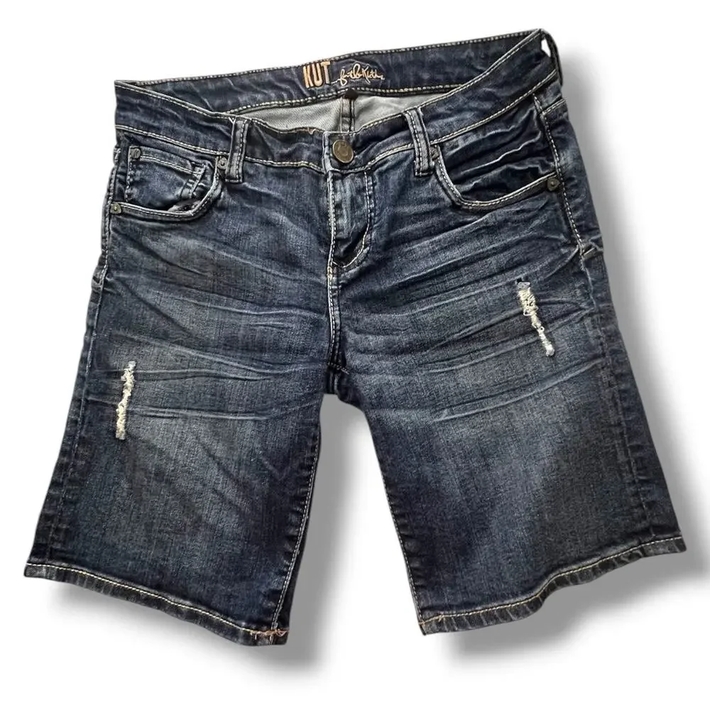 Kut from the Kloth Denim Stretch Distressed Long Bermuda Shorts Size 2